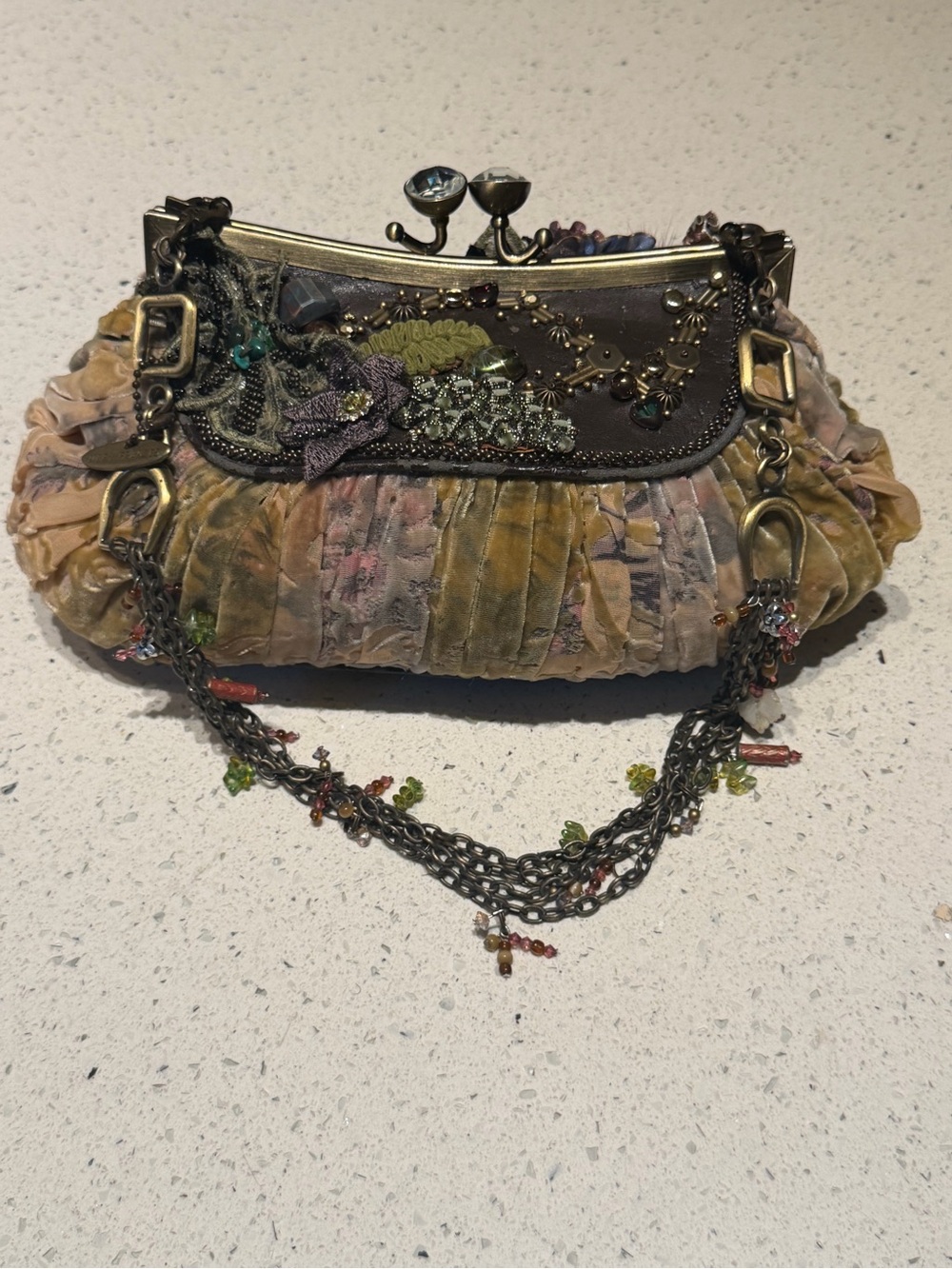 Mary Frances Olive Multi Ruffled Beaded Velvet Clutch